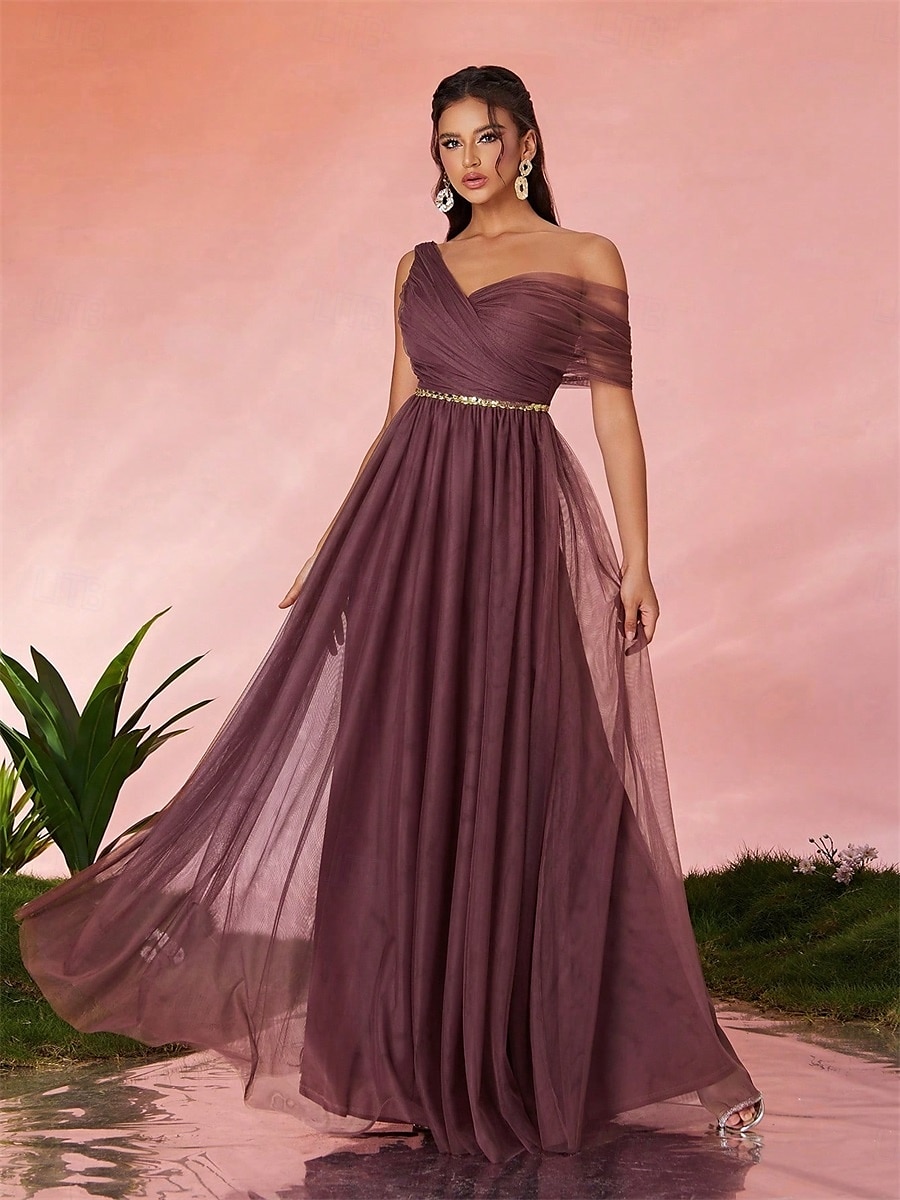 Abiti da festa A-Line Quinceañera Abito da festa Matrimonio Ospite di matrimonio Lunghezza del pavimento Senza maniche Scollo a V Tulle Senza schienale con Faldini del 2025 a $89.99 –P13