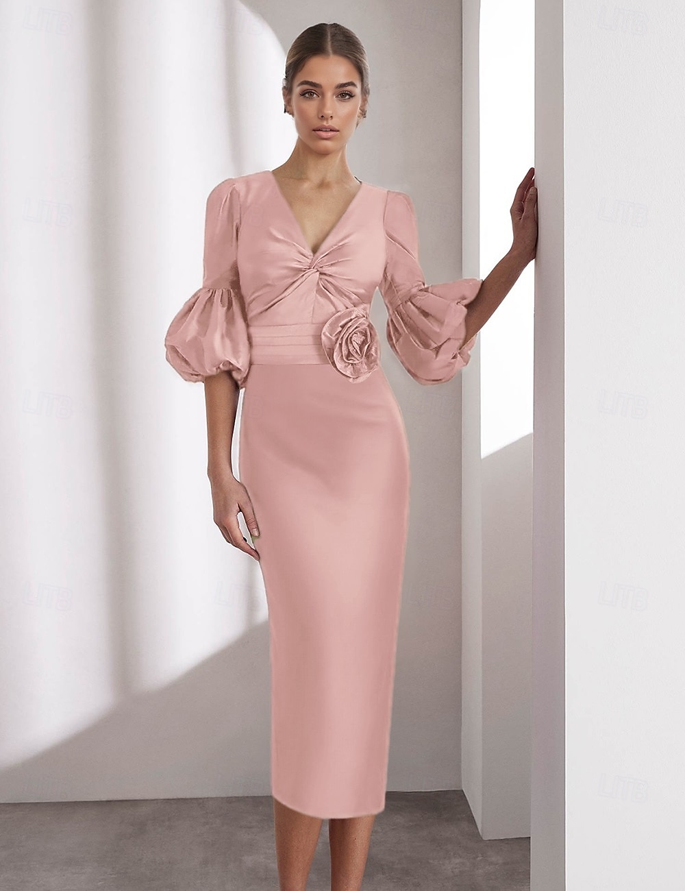 Rochii cocktail din satin roz elegante formale lungime până la gleznă mânecă jumătate decolteu în V cu buzunar satin din Italia cu paiete volanate 2025 - $136.99 –P3