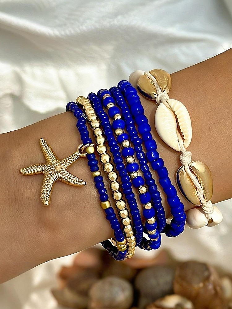 zestaw bransoletek boho z muszli dla kobiet - 7-częściowa elastyczna bransoletka z zawieszką w kształcie rozgwiazdy w różnych kolorach, idealna na letnie plaże i do kurortu 2025 - $9.99 –P9