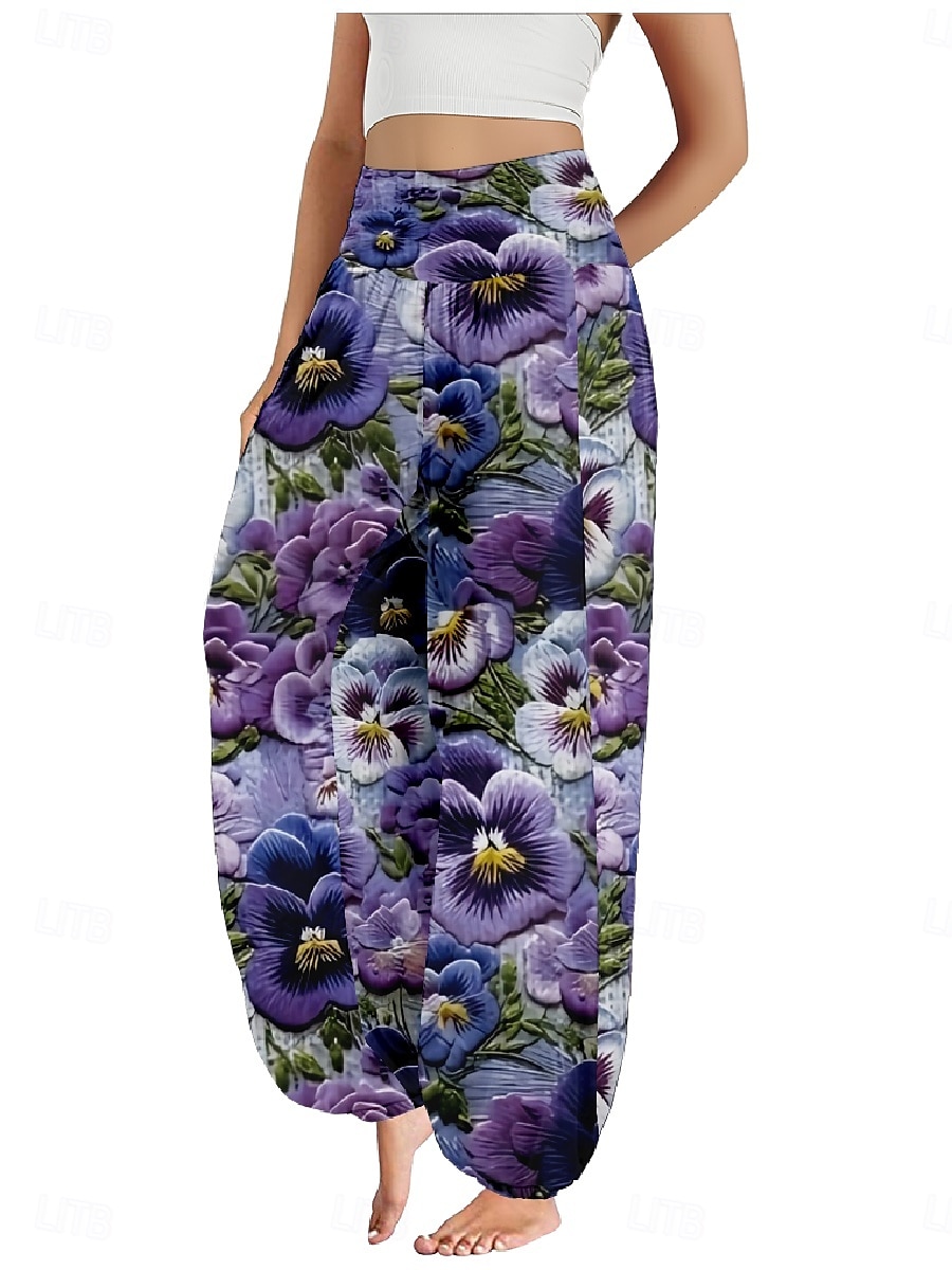 Femmes Pantalon inspiré du lin Jambe large Pantalons Style Ethnique Occasionnel Boho Longueur complète Taille haute Fleuri Avec Poches Taille Élastique Impression Respirabilité Doux Micro-Élastique de 2025 ? zł93.99 –P1