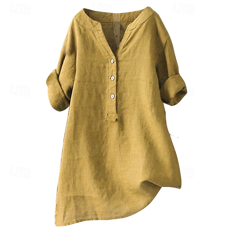 Damen Hemd Baumwoll-Leinen-Hemden Bluse Einfach Modern Lässig Langarm V Ausschnitt Normale Oberteile Täglich Ferien Ausgehen Knöpfe Schwarz Gelb Marineblau Beige Sommer 2025 - $23.99 –P6