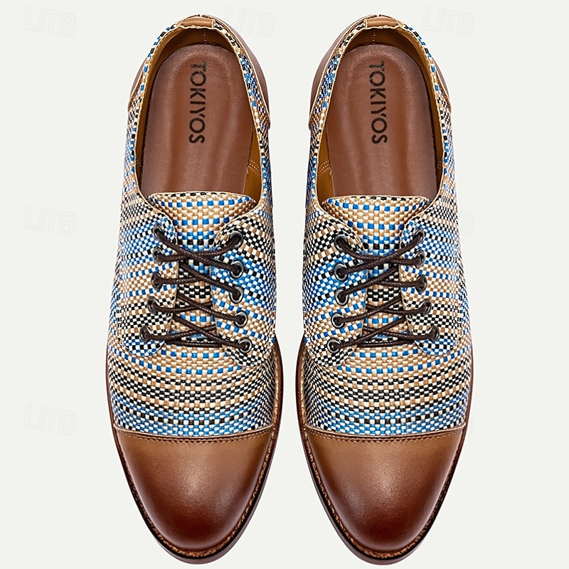 Men's Blue and Tan Woven Oxford Shoes – Retro Lace-Up Casual Shoes for Creative Professionals and Everyday Style 2025 - $46.99 –P5