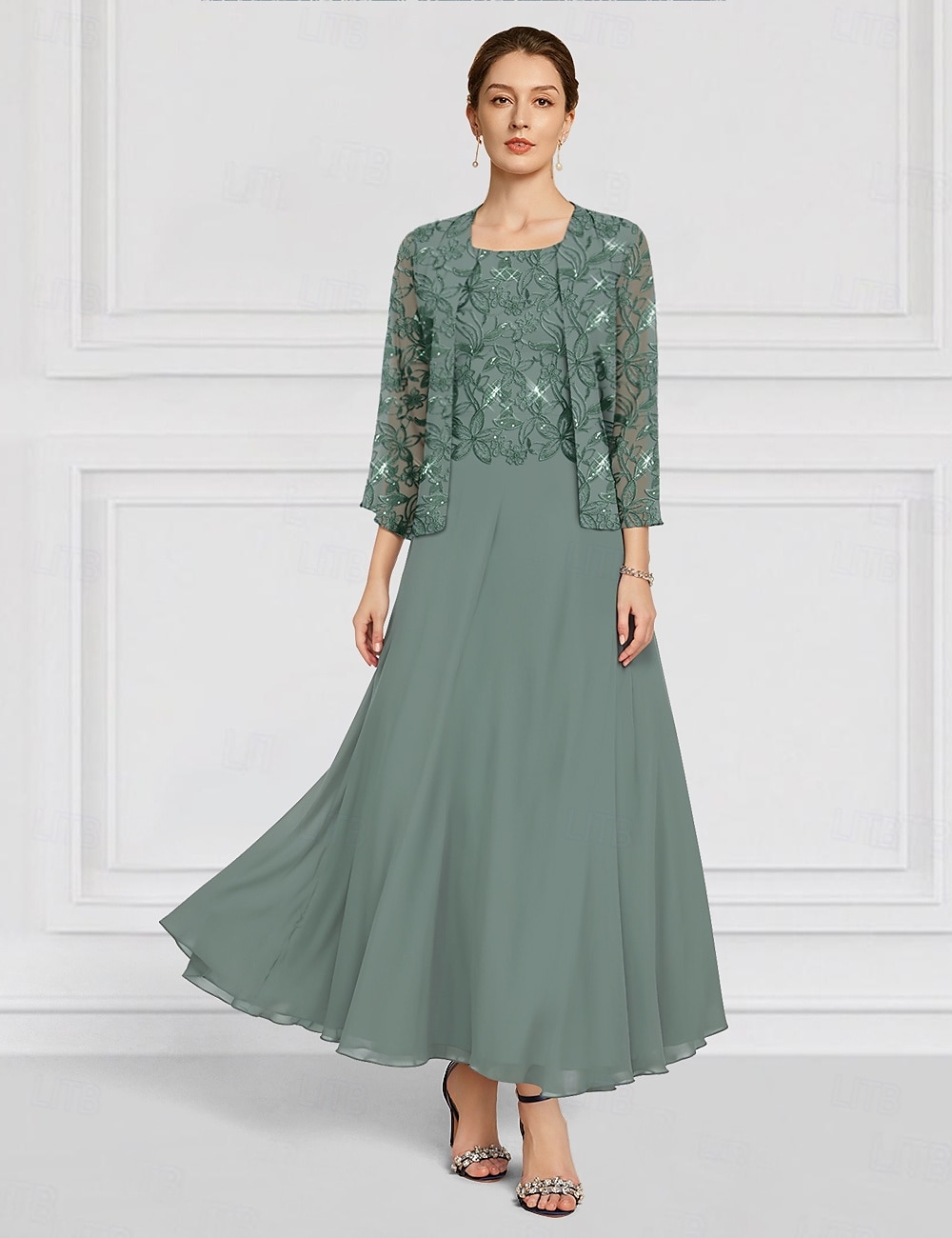 Blue Green Two Piece A-Line Mother of the Bride Dress Beaded Elegant Vintage Simple Crew Neck Ankle Length Lace Long Sleeve with Lace Embroidery 2025 - $154.99 –P1