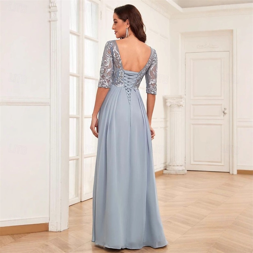 Kleid Brautmutterkleid Elegant Einfach Rundhalsausschnitt Bodenlang Chiffon Halbarm mit Einfarbig 2025 2025 - $159.99 –P2