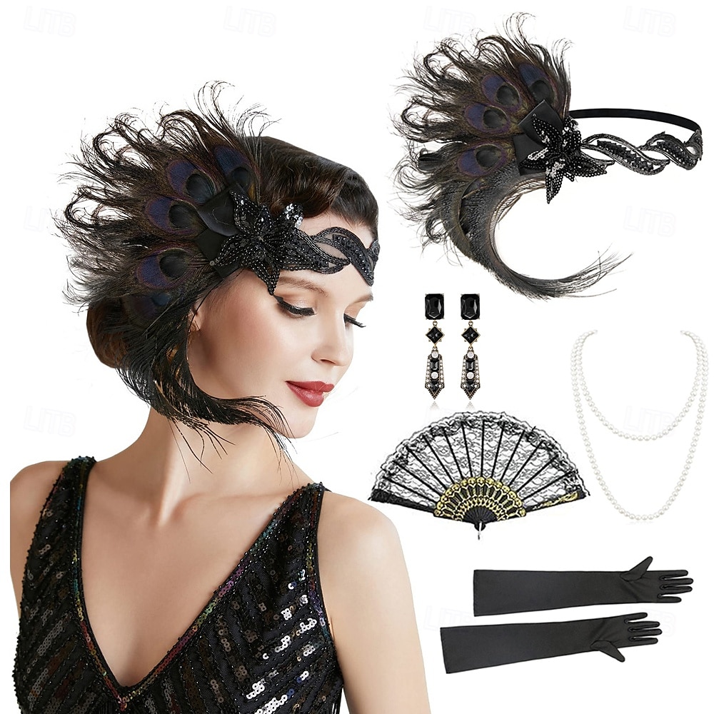 1920-as évek A nagy Gatsby Flapper fejpánt Gyöngyös karkötő Fülbevaló A nagy Gatsby Toll Retro Csillogó glitter Kristály / Strassz Női Farsang Valentin nap Álarcos mulatság Party estélyi viselet 2025 - $25.99 –P1