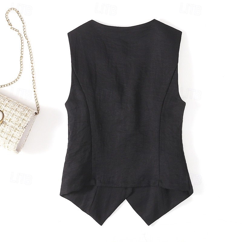 Gilet en coton et lin pour femme, uni, moderne, sans manches, col en V, régulier, pour tous les jours, pour sortir, boutons, noir, beige, été de 2025 ? $25.99 –P6