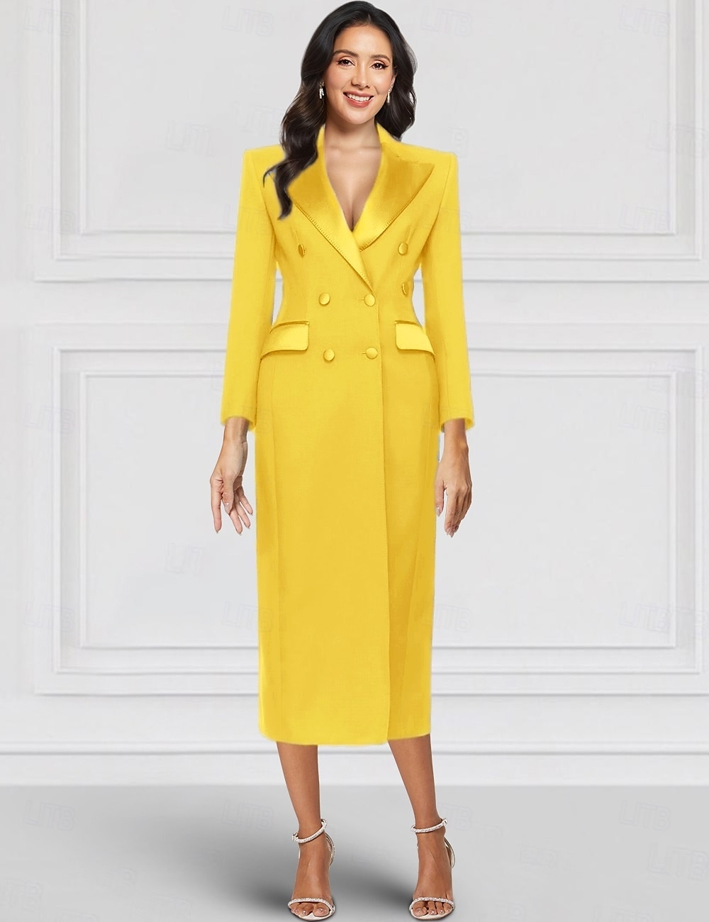 Blazer Smoking-Säule Gelb Blau Brautmutterkleid Elegantes Vintage Hemdkragen Knöchellang Stretchstoff Langarm mit einfarbigem Midi Kleid 2025 2025 - $139.99 –P2