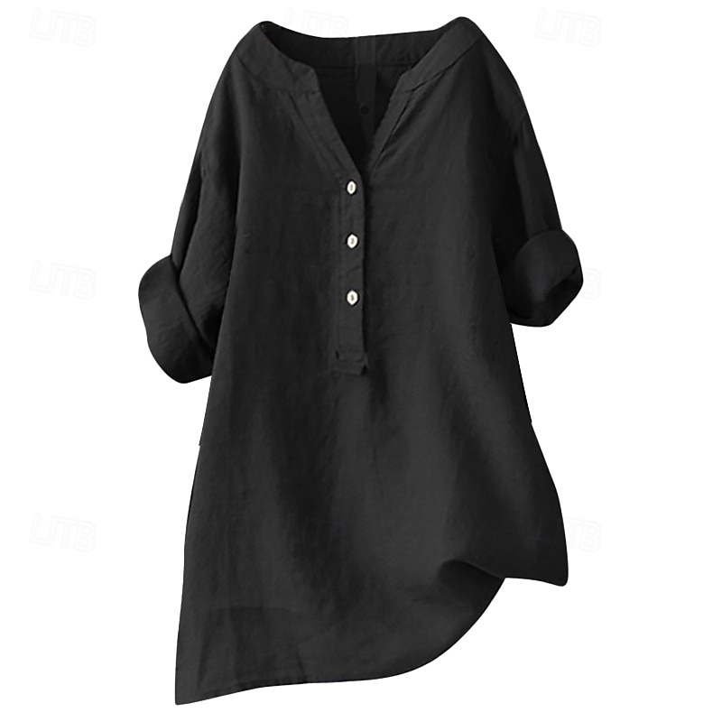 Damen Hemd Baumwoll-Leinen-Hemden Bluse Einfach Modern Lässig Langarm V Ausschnitt Normale Oberteile Täglich Ferien Ausgehen Knöpfe Schwarz Gelb Marineblau Beige Sommer 2025 - $23.99 –P8