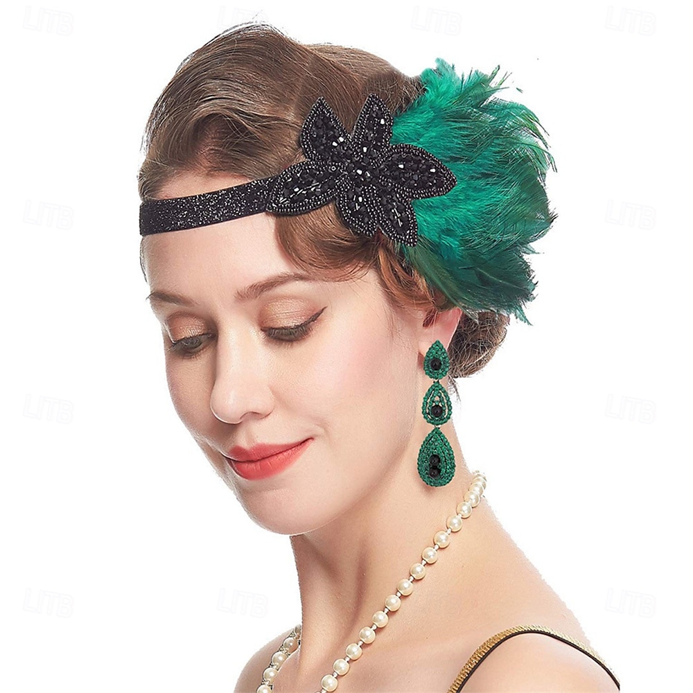 1920-as évek A nagy Gatsby Flapper fejpánt Gyöngyös karkötő Fülbevaló A nagy Gatsby Toll Retro Csillogó glitter Kristály / Strassz Női Farsang Valentin nap Álarcos mulatság Party estélyi viselet 2025 - $23.99 –P3