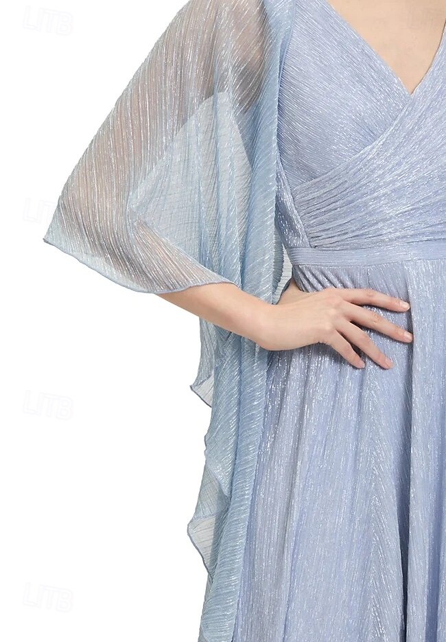Metallic Lurex Chiffon A-Linie Mutter der Braut Kleid elegantes einfach minimalistisches V-Ausschnitt bodenlang halbärmel mit Rüschendetails 2025 - $163.99 –P2