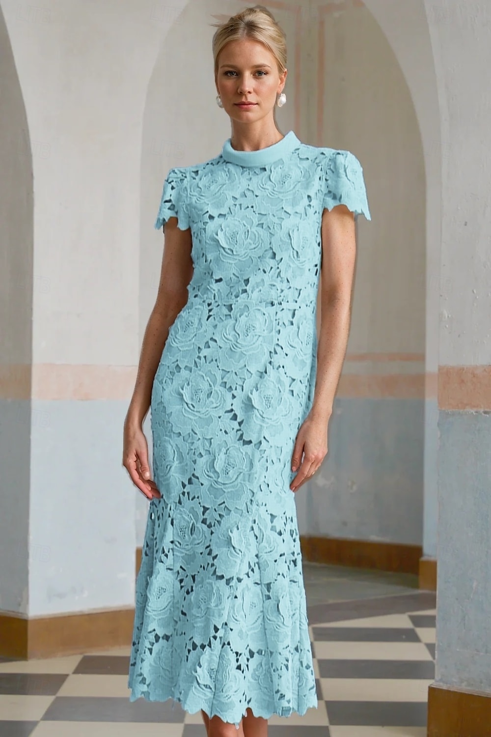 Robe Cocktail Colonne Jaune Bleue Élégante Robe Brodée Mariage Formelle Longueur Cheville Manches Courtes Col Montant Dentelle avec Fente de 2025 ? $151.99 –P6