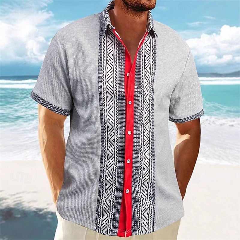 Herren Hemd Waffelhemd Sommerhemd Freizeithemd Strandhemd Knopfhemd Schwarz Weiß Wein Grün Kaki Kurzarm Geometrisch Revers Urlaub Täglich Patchwork Bekleidung Mode Lässig 2025 - $20.99 –P11