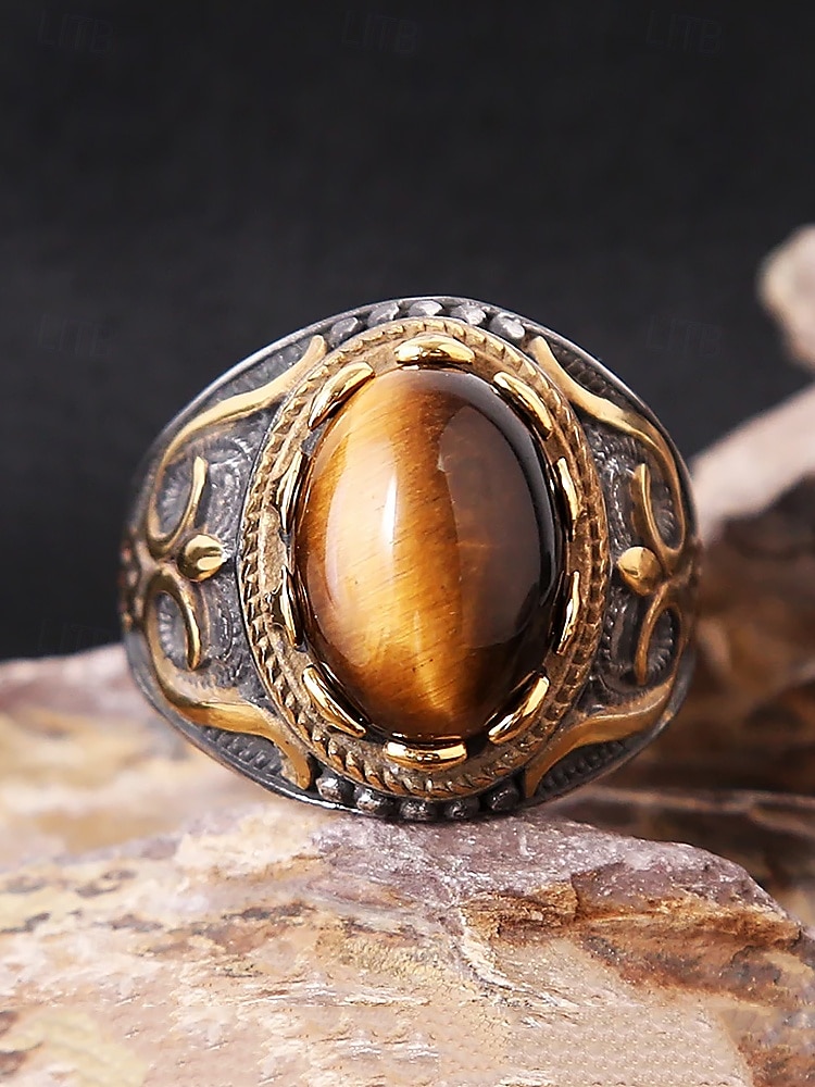 menns vintage tigerøye stein ring i rustfritt stål, antikk sølv tribal design, dristig statement ring, egnet for uformelle og formelle anledninger 2025 - $14.99 –P8