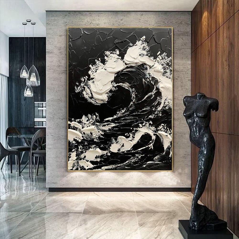 Peinture à l'huile faite à la main sur toile, décoration murale, couteau à palette 3D, paysage abstrait de vagues océaniques en noir et blanc pour la décoration intérieure, cadre tendu, peinture de 2025 ? $54.99 –P5