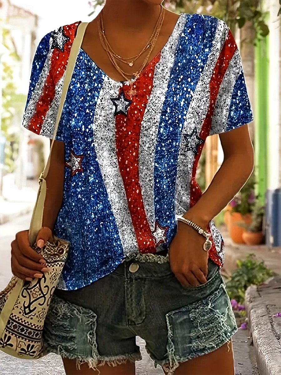 T-Shirt Patriotique Femme Graphique Drapeau Étoile Vintage Élégant Classique Manches Courtes Col Rond Hauts Réguliers Quotidiens Week-end Plage Imprimé Bleu Été Printemps de 2025 ? $19.99 –P1