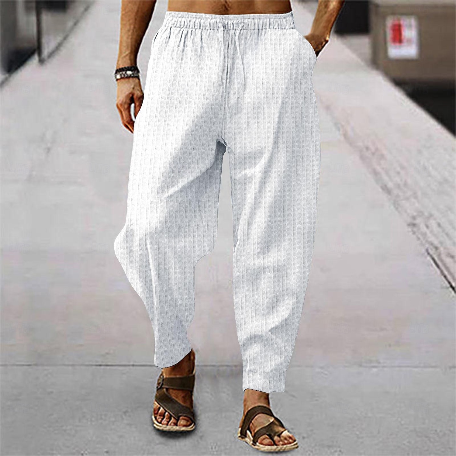Men's Trousers Summer Pants Baggy Pants Pocket Drawstring Elastic Waist Stripe Full Length Casual Daily Fashion Classic Style Loose Fit Dark Brown Dark Khaki Inelastic 2025 - $15.49 –P6