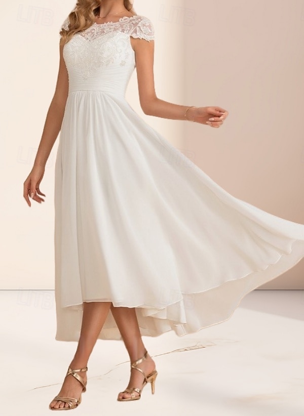 Engagement Little White Dresses Wedding Dresses A-Line Boat Neck Regular Straps Asymmetrical Chiffon Bridal Gowns With Pleats Ruched 2025 - $149.99 –P5
