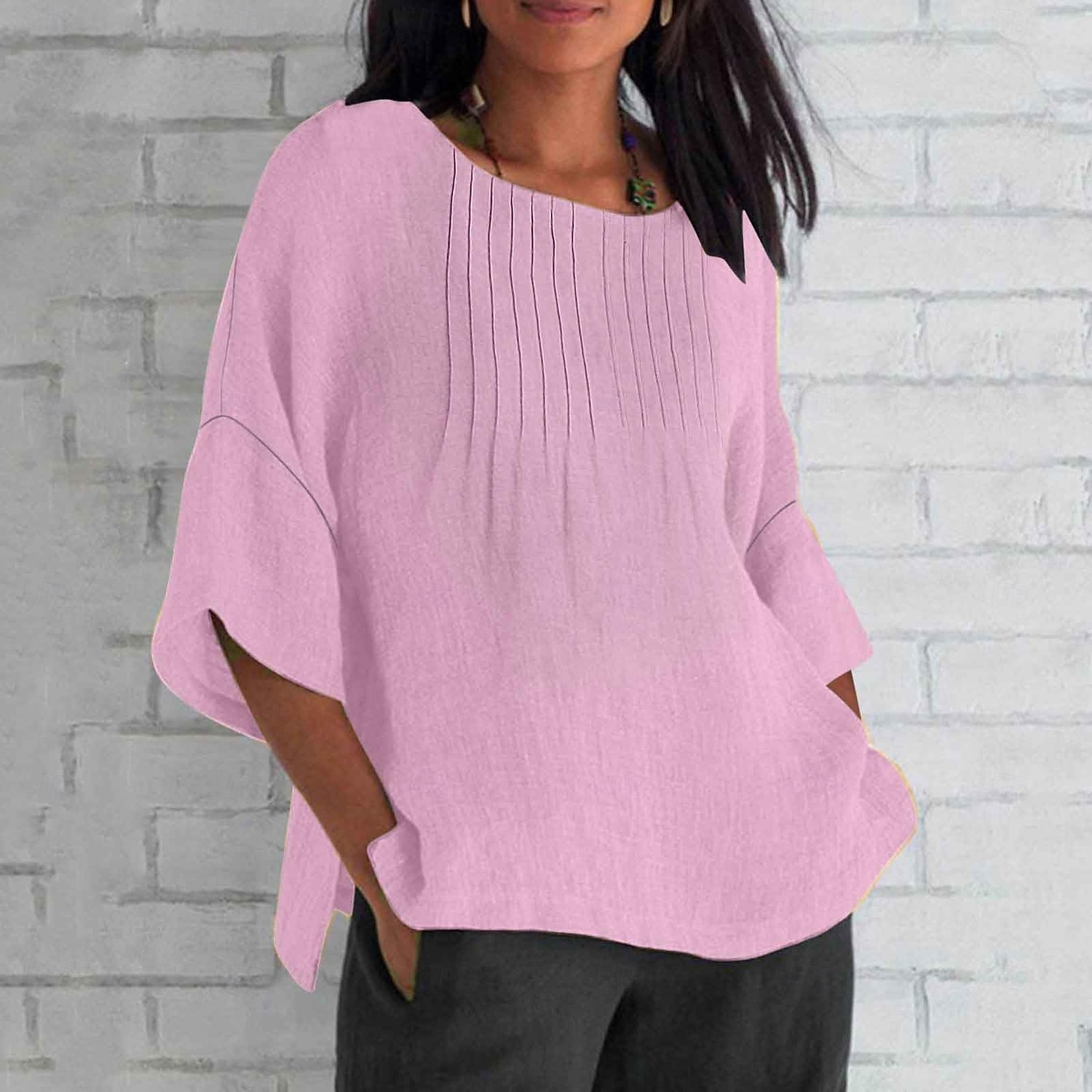 Women's Blouse Faux Cotton Linen Pleated Solid Color Elegant Casual Short Sleeve Crew Neck Regular Tops Daily Holiday Blue Pink Green Khaki Beige Summer 2026 - $21.99 –P5