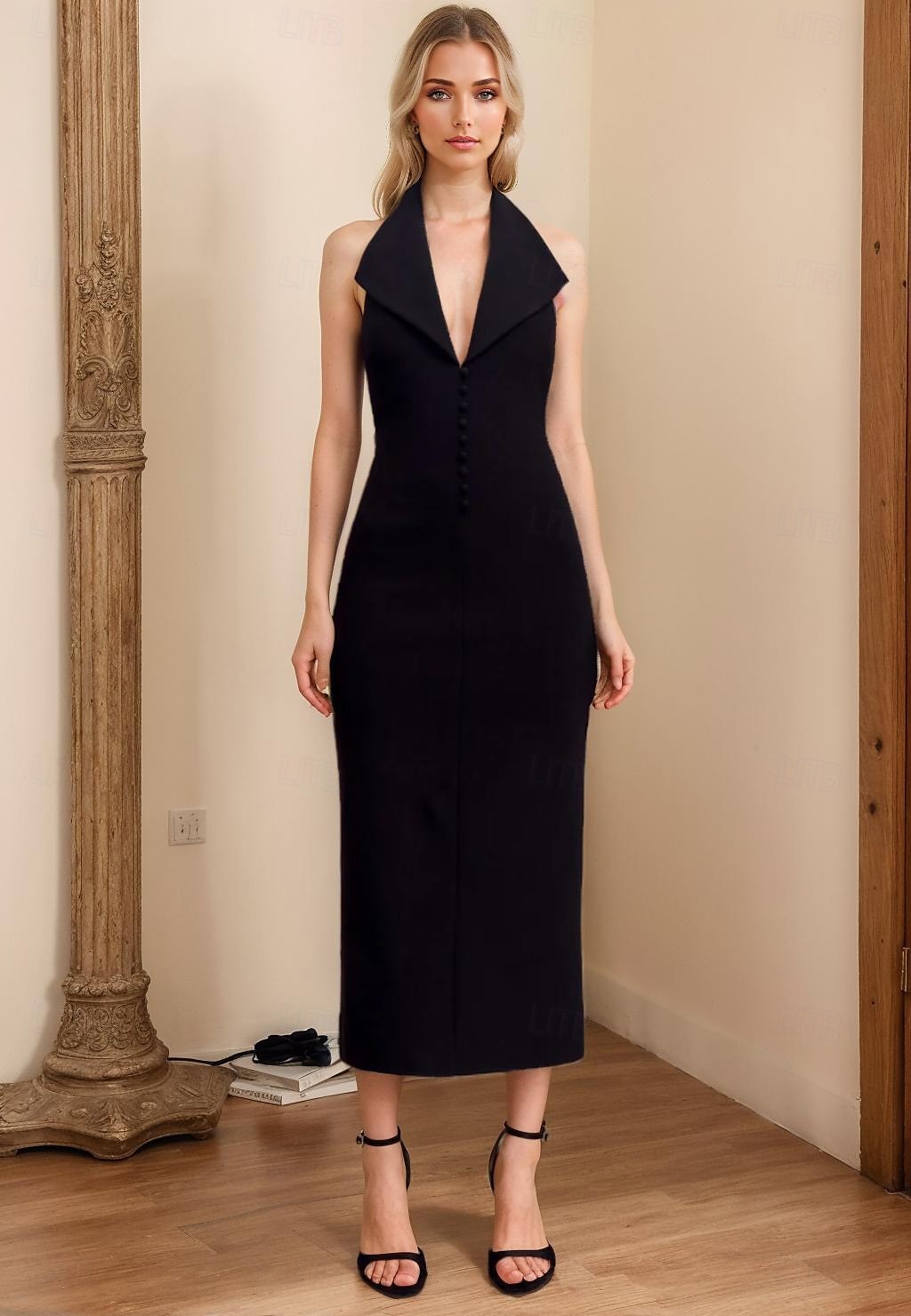 Tuxedo Šaty Přiléhavé  Sloupec Koktejlové Šaty Elegantní Poloneformální Svatební Čajová Délka Bez Rukávu V Krku Stretch Krepa 2025 - $129.99 –P1