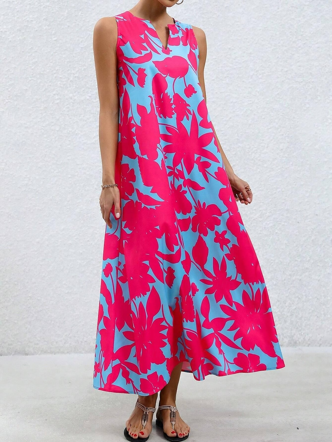 Per donna Abito maxi Abito a trapezio Abito Estivo Vacanza Casual Boho Quotidiano Ferie Vestibilità comoda Floreale Grafico Senza Maniche Scollo a V Rosa Blu Arancione Estate del 2025 a $36.99 –P7