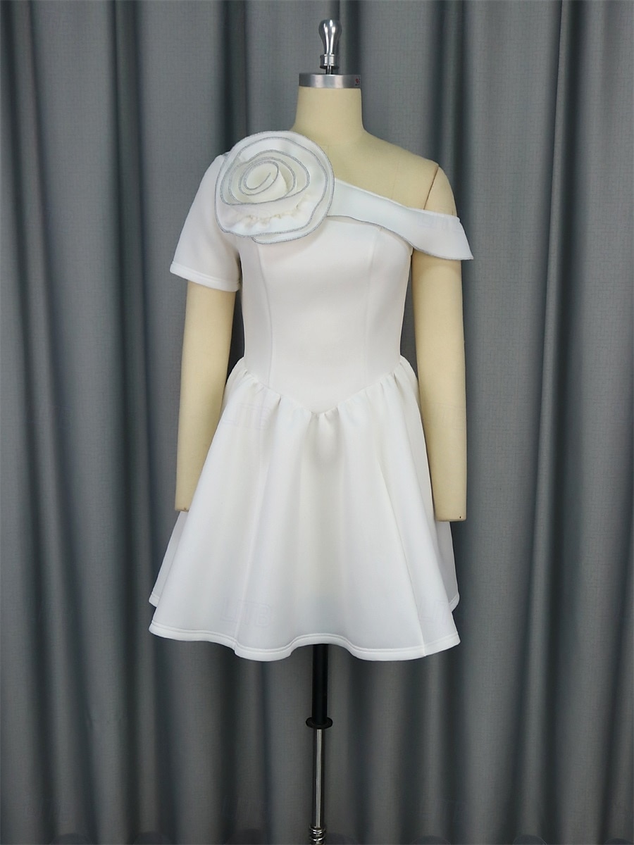 Hochzeitskleider A-Linie Ein-Schulter Kurzarm kurz mini Satin Brautkleider mit einfarbig 2025 - $119.99 –P7