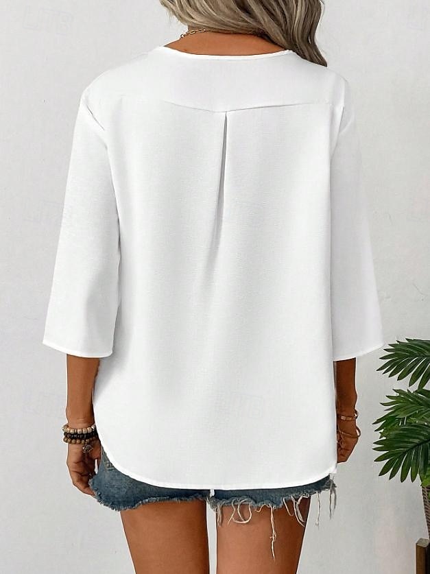 Dame Bluse Helfarge Stilfull Fritid 3/4 ermer V-hals Vanlige topper Daglig Ferie Knapper Svart Hvit Oransje Sommer Vår 2025 - $26.99 –P2