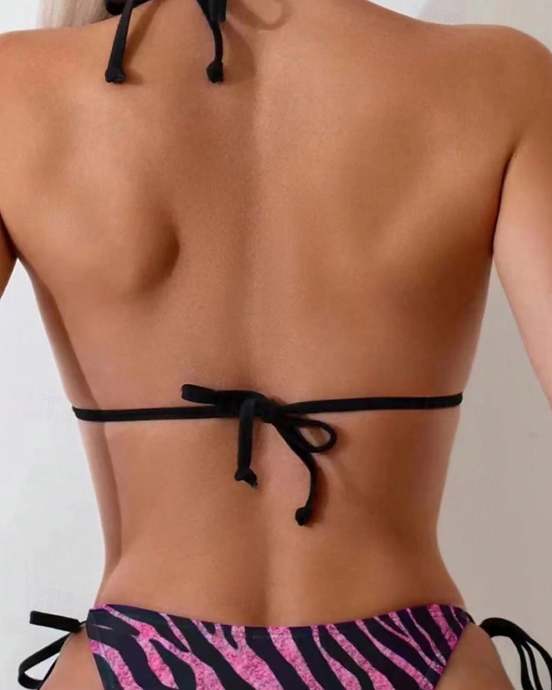 Femmes Maillots de Bain Bikini 2 pièces Maillot de bain Dos nu Tropical Tenues de plage Motif Zèbre Col Halter Sans manches Maillots de bain de 2025 ? $22.99 –P12