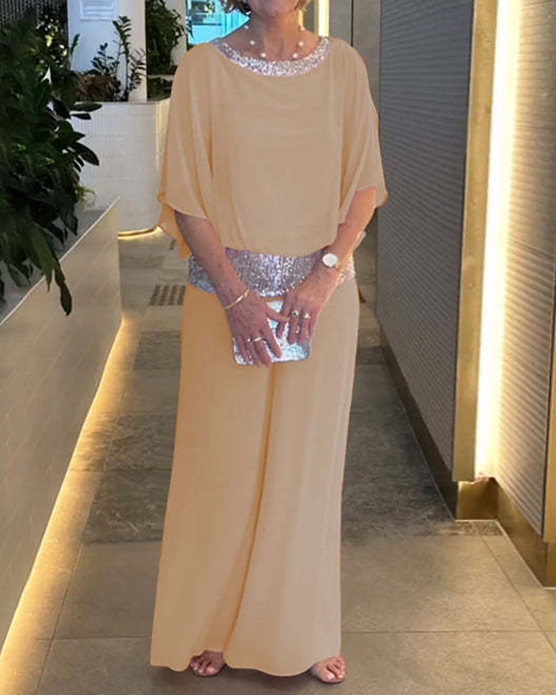 Two Piece Jumpsuit / Pantsuit Mother of the Bride Pantsuit Elegant Vintage Simple Boat Neck Floor Length Chiffon Half Sleeve with Sequin 2025 - $99.99 –P5