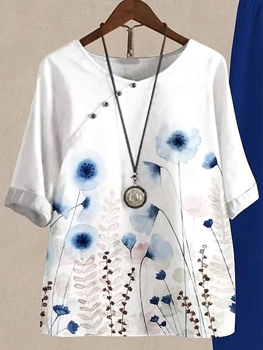 Damen 2 Teile Basic Shirt Hosen Sets Kurzarm Halbarm Rundhals Blumen Grafik Pflanzenmuster Urlaub Wochenende Dunkelblau Sommer Lockerer Schnitt 2025 - $44.99 –P2