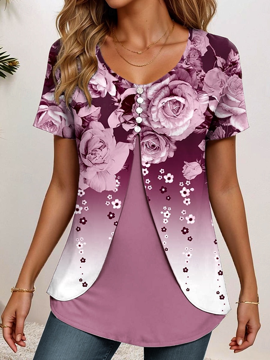 Damen T Shirt Ombre Blumen Grafik Elegant Vintage Stilvoll Kurzarm Rundhalsausschnitt Rundhals Normale Oberteile Täglich Ausgehen Patchwork Knöpfe Gestuft Staubiges Blau Fuchsie Sommer Frühling 2025 - $23.99 –P1
