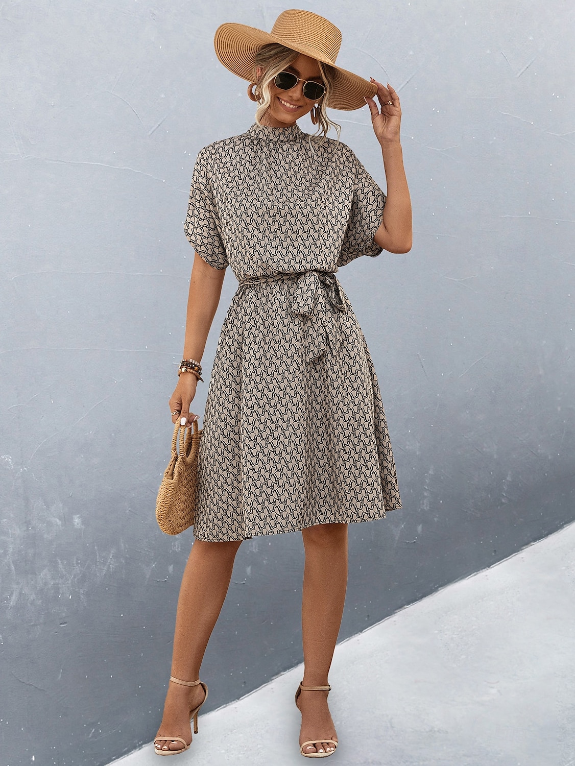 Damen Midikleid Figurbetontes Kleid Lässig Täglich Normale Passform Grafik Karomuster Kurzarm Hoher Ausschnitt Schwarz Braun Sommer 2025 - $29.99 –P4