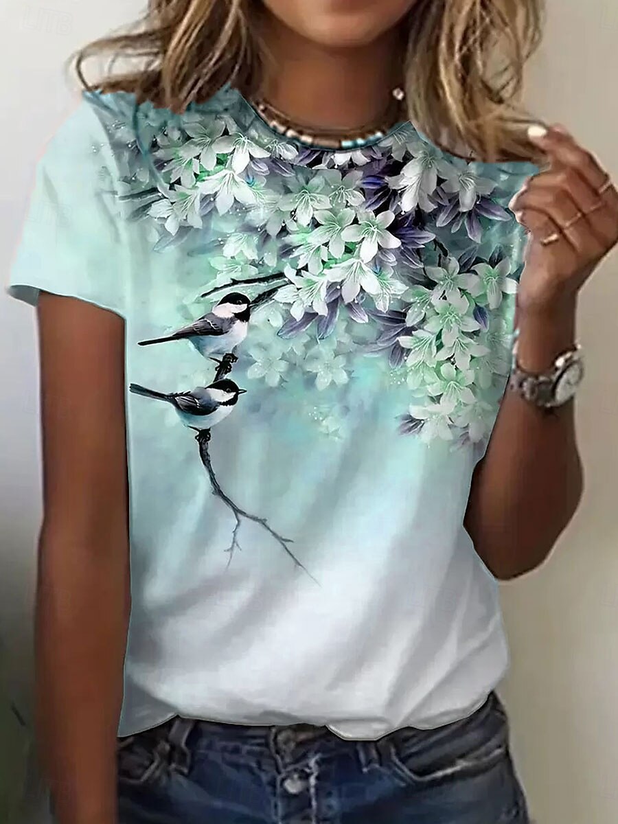 Femmes T-shirt Fleuri Graphique Oiseau ancien Élégant Classique Manche Courte Col ras du cou Hauts Réguliers Quotidien Week-end Imprimé Rose Claire Vert Été Printemps de 2025 ? $19.99 –P2