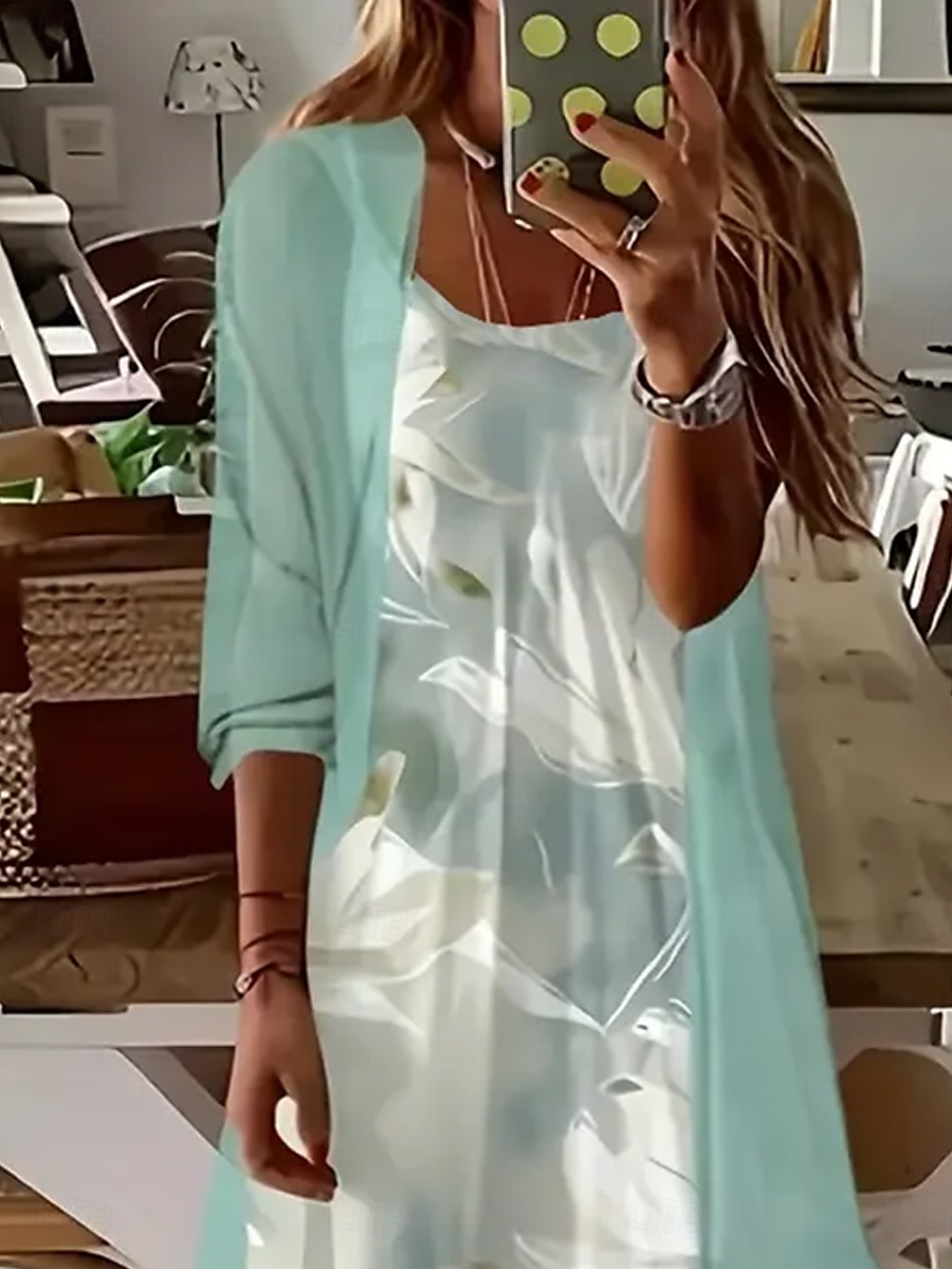 Women's Maxi Dress Dress Set Maxi Dress A Line Dress Summer Dress Vacation Boho Floral Layered Print 3/4 Length Sleeve Crew Neck Outdoor Daily Light Green Summer Spring Loose Fit 2025 - $51.99 –P2