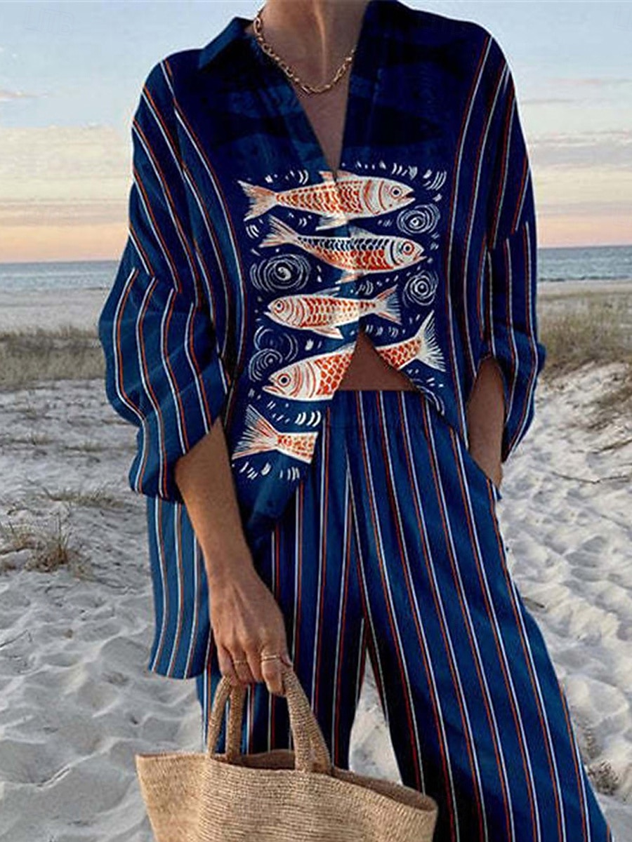 Completi da donna moda streetwear quotidiani in 2 pezzi con camicia a maniche lunghe colletto grafico casual per giornate in spiaggia rosso blu navy blu estate vestibilità regolare del 2025 a $44.99 –P2