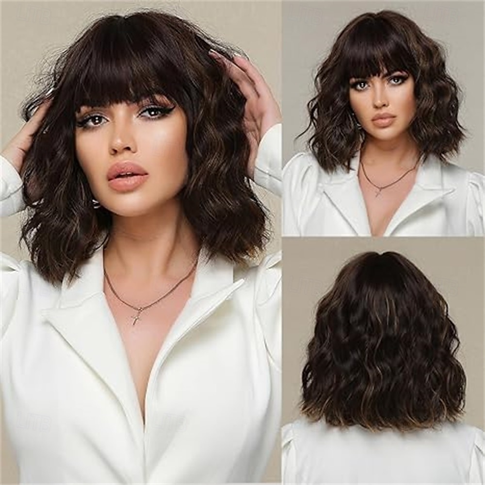 Peruca curta ondulada com franja para mulheres, comprimento dos ombros, bob, perucas sintéticas cacheadas com ondulado natural, preto, misto, vinho tinto, peruca resistente ao calor para uso diário em de 2025 por $25.99 –P6