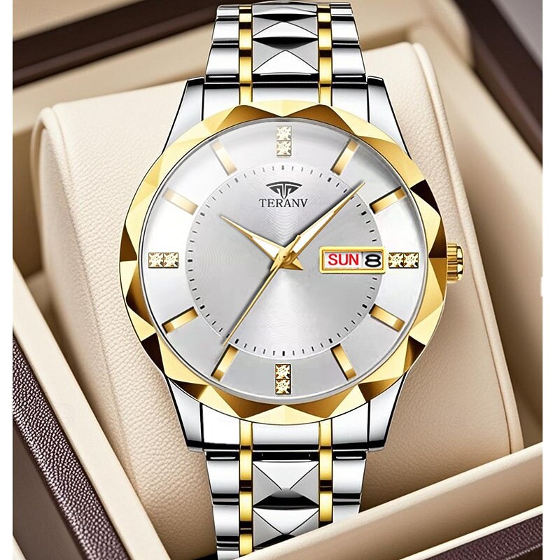teranv-merkkinen muodikas miesten kvartsikello, jossa rombikuvioinen IPX7-vedenpitävä kaksoiskalenteri, valoisa teräsnauhakello, yrityskäyttöön 2025 - $12.99 –P4