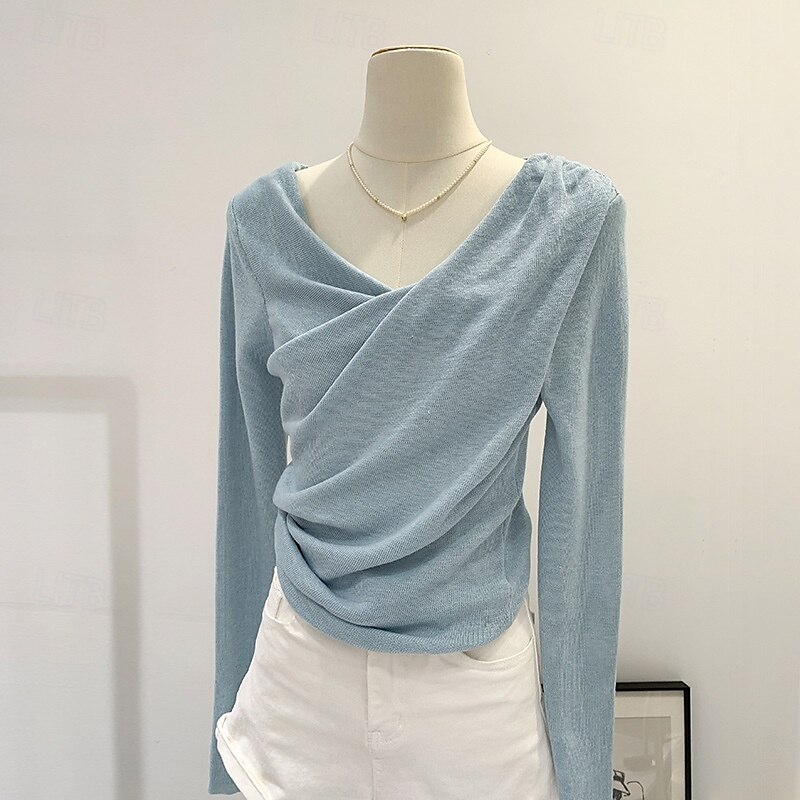 Femmes Chemisier Uni Moderne manche longue Col en V Hauts Réguliers Fête Sortir Froncé Noir Rose Claire Bleu Abricot Été de 2025 ? $27.99 –P2