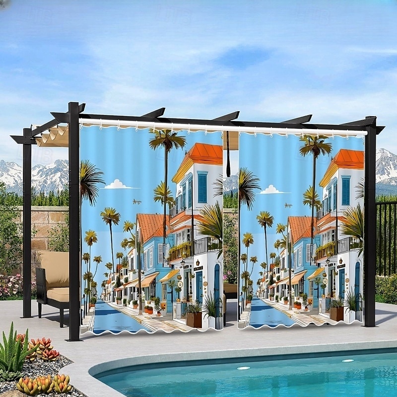 Rideau extérieur imperméable rideau de patio coulissant rideaux de pergola œillets paysage 3D vue de la ville pour gazebo balcon porche fête 1 panneau de 2025 ? $34.99 –P2