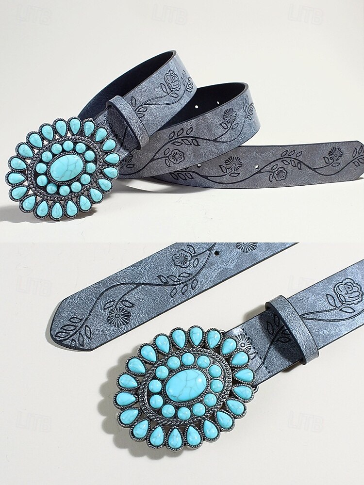 حزام نسائي غربي فيروزي اللون - حزام خصر من الجلد الصناعي منقوش بالورود للروديو والمهرجانات وأزياء البوهو والملابس الكاجوال 2025 - $18.99 –P6