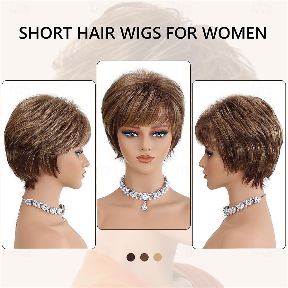 2026年 白人女性向け、前髪付き、ピクシーレイヤードショートブロンドブラウンウィッグ、リアルウィッグ、合成耐熱ウィッグ、日常使いウィッグ  コレクション – $25.99 –P7