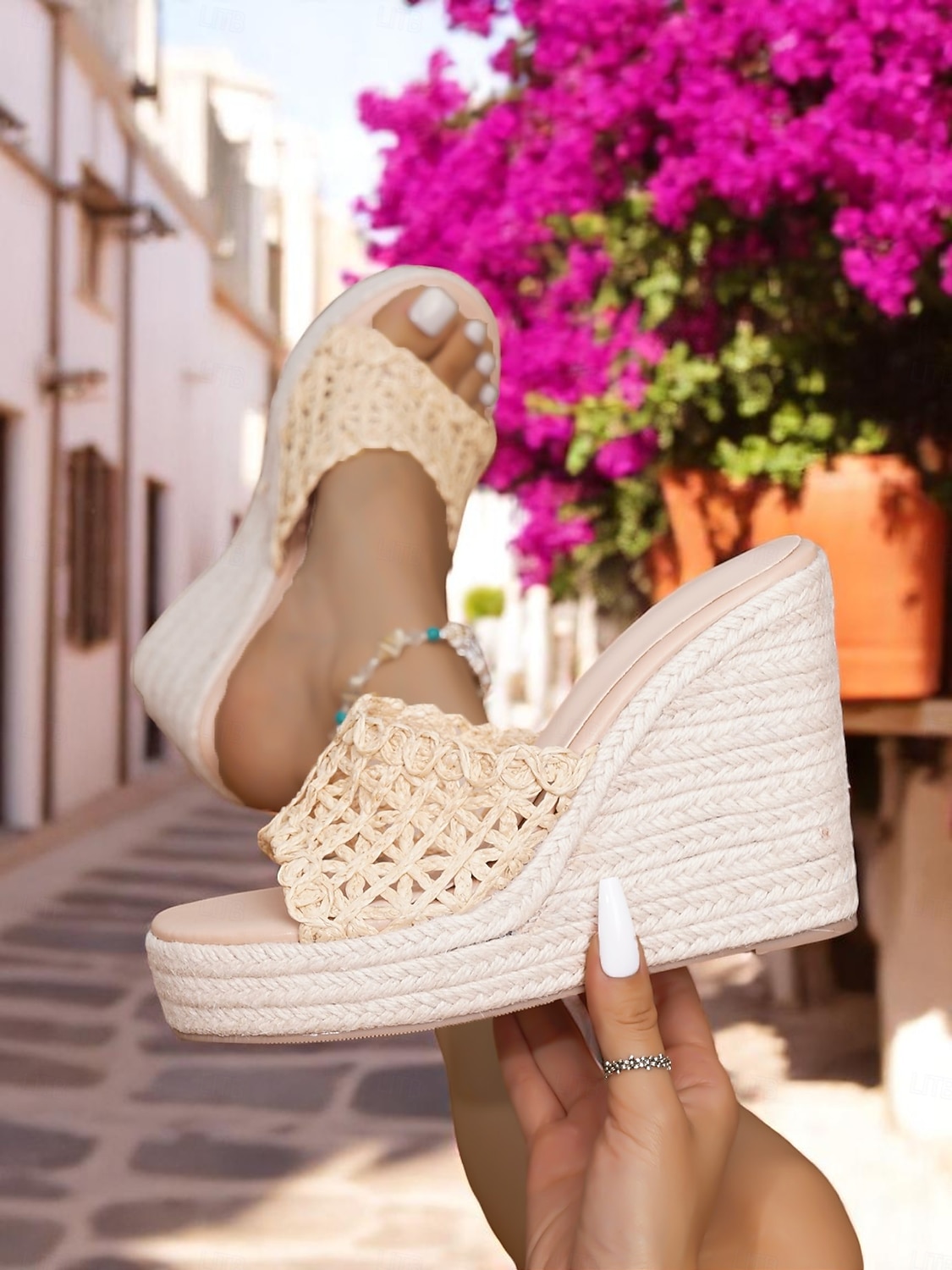 női bézs szőtt ékszandál – kézműves raffia felsőrész, espadrille platform kialakítás nyári tengerparti nyaraláshoz és üdülőhelyi viselethez 2025 - $42.99 –P2