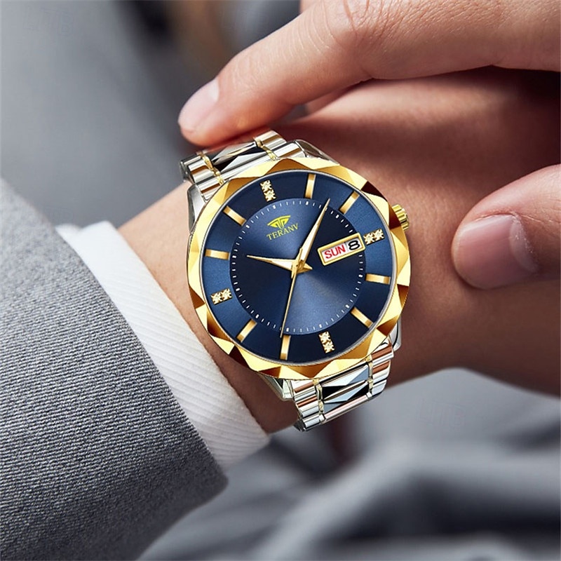 teranv-merkkinen muodikas miesten kvartsikello, jossa rombikuvioinen IPX7-vedenpitävä kaksoiskalenteri, valoisa teräsnauhakello, yrityskäyttöön 2025 - $12.99 –P7