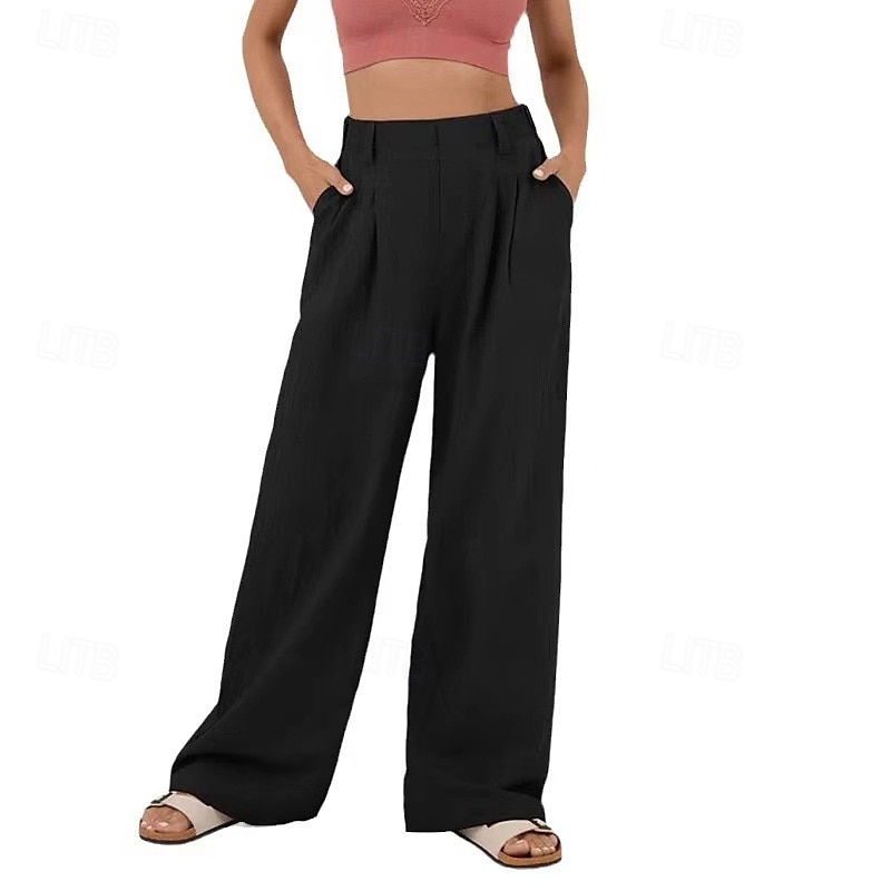 Damen Hose aus Baumwollleinen Palazzo-Hose Mode Streetwear Komfort Volle Länge Mittlere Taille Einfach Plissiert Tasche Bequem Außenbereich Straße Alltagskleidung Ausgehen Dunkelbraun Schwarz 2025 - $27.99 –P4