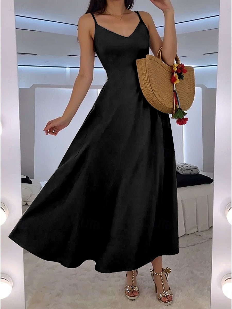 Damen Maxikleid A Linie Kleid Unterkleid Urlaub Lässig Strand Hochzeit Outdoor Party Normale Passform Einfarbig Ärmellos V Ausschnitt Schwarz Rosa Rote Blau Sommer Frühling 2025 - $31.99 –P4