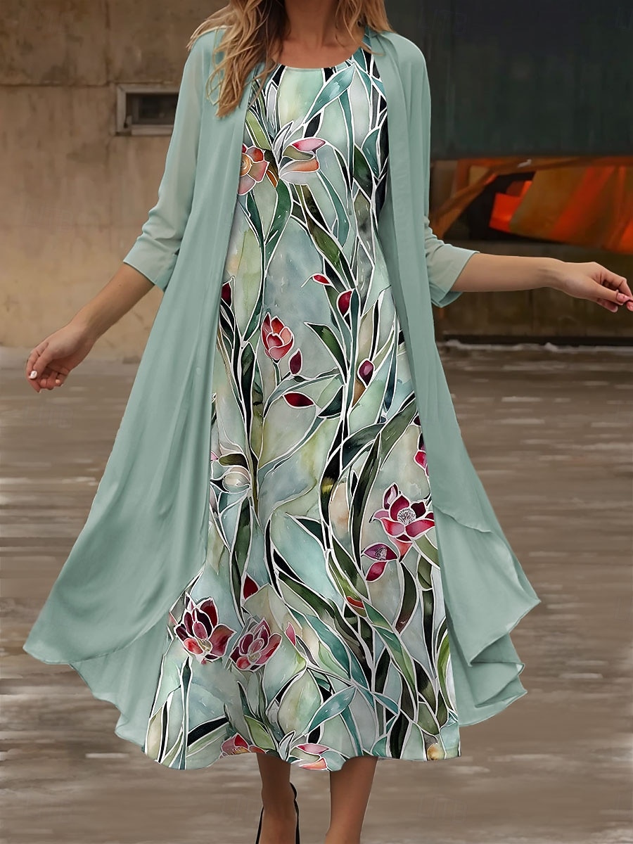 Set Vestito da Donna Vestito Midi Vestito Estivo Casual Semi Formale Grafica Fantasia Fiori Maniche 3/4 Collo Girocollo Quotidiana Vacanza Verde Estate Primavera Vestibilità Regolare del 2025 a $36.99 –P1