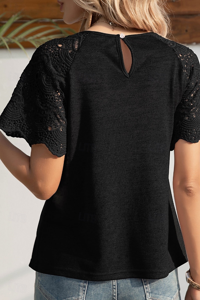 Femmes Chemisier Hauts en dentelle Uni Occasionnel Manche Courte Col ras du cou Hauts Réguliers Quotidien Fête Sortir Dentelle Noir Blanche Violet Été de 2025 ? $21.99 –P14