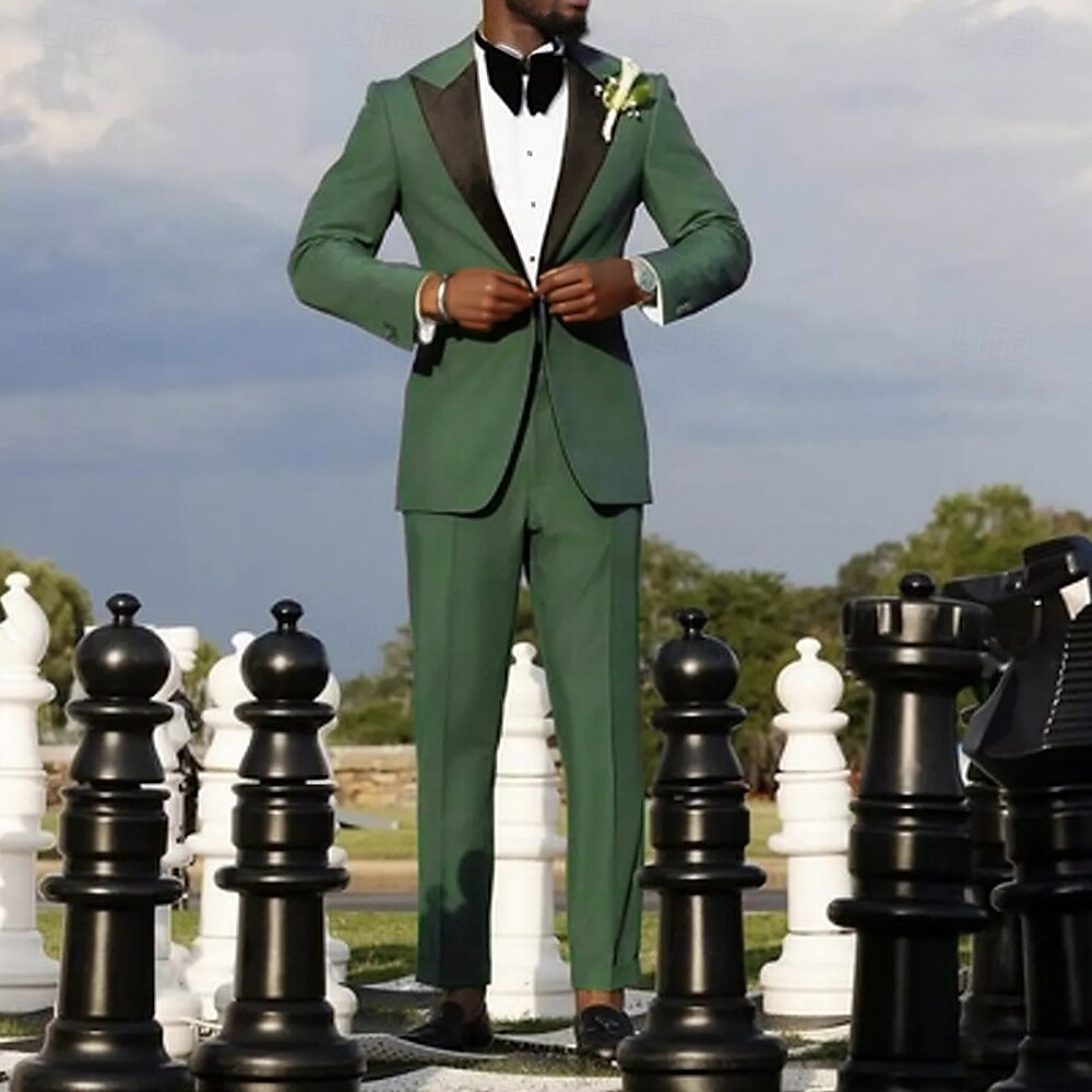 Esmoquin de fiesta para hombres Trajes de regreso a casa verde ejército lujo formal de color sólido ajuste estándar de 2 piezas de un botón 2025 - $122.99 –P2