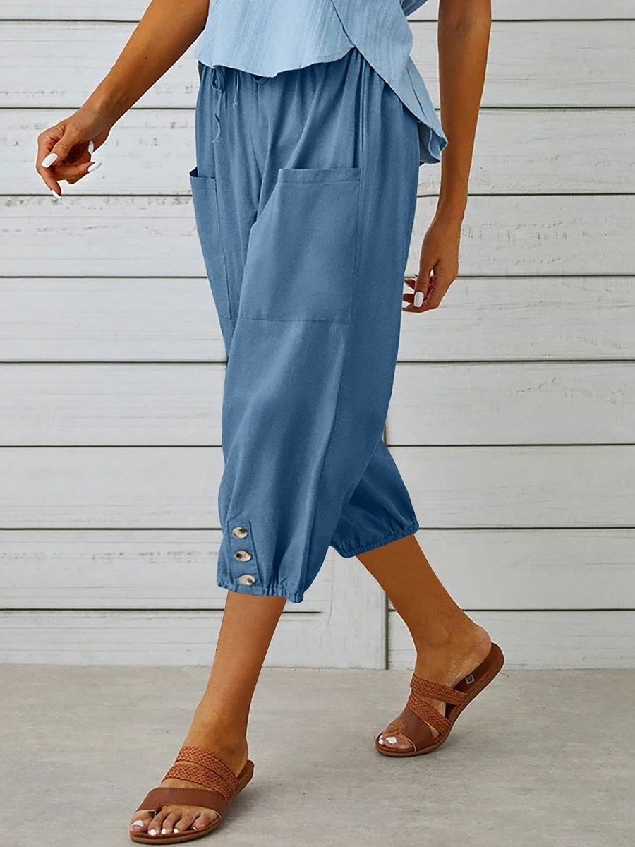 Kvinne Capri Bukser Enfarget Chinos Motetrend Etnisk Stil Basic Knelang Høy Midje Vanlig Lomme Snor Komfort Utendørs Mikro-elastisk Ferie Gate Daglig Svart Hvit Khaki Lyseblå 2025 - $19.99 –P15