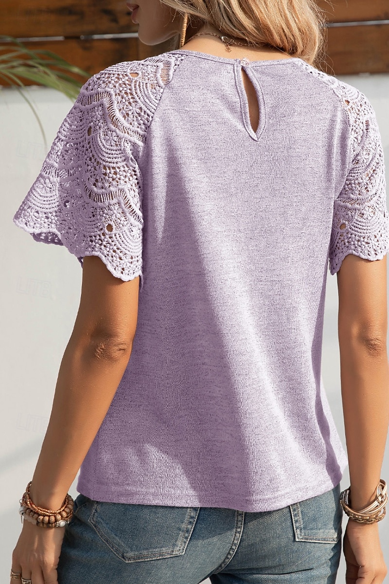Femmes Chemisier Hauts en dentelle Uni Occasionnel Manche Courte Col ras du cou Hauts Réguliers Quotidien Fête Sortir Dentelle Noir Blanche Violet Été de 2025 ? $21.99 –P9