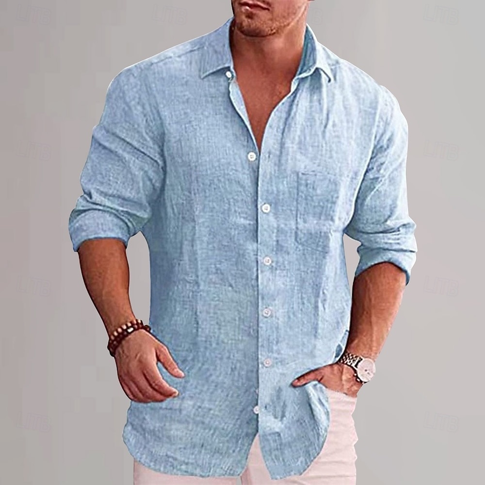 Per uomo Camicia in cotone e lino Semplice Vacanza Nero Bianco Vino Azzurro cielo Manica Lunga Bavero Abbigliamento del 2025 a $25.99 –P8